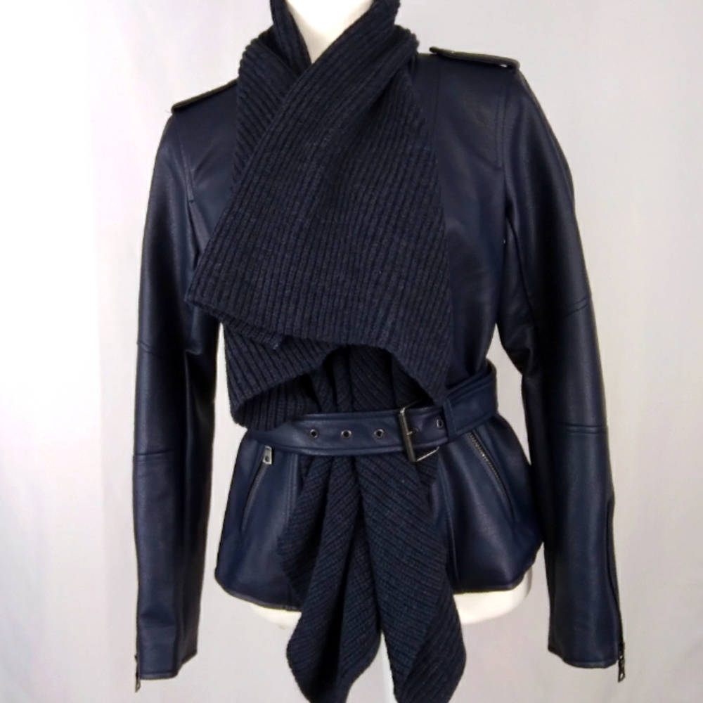 G.I.L.I Ink Blue Faux Leather Sweater Biker Coat S